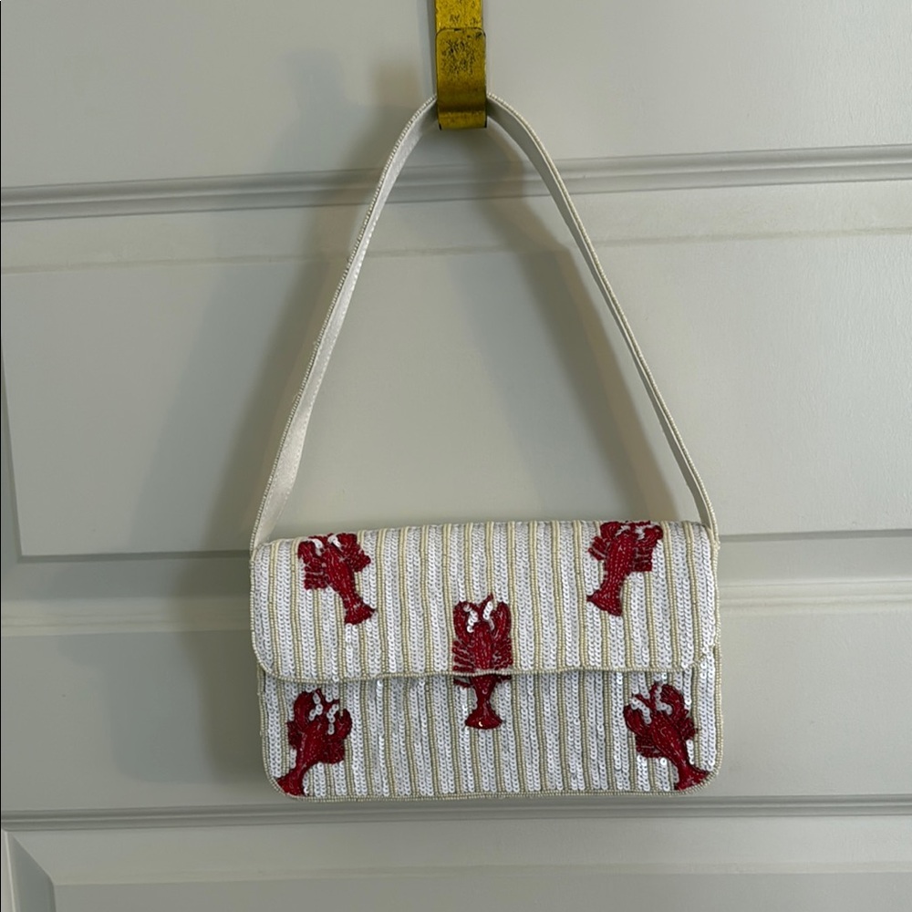 White and Red Beaded Shoulder Bag